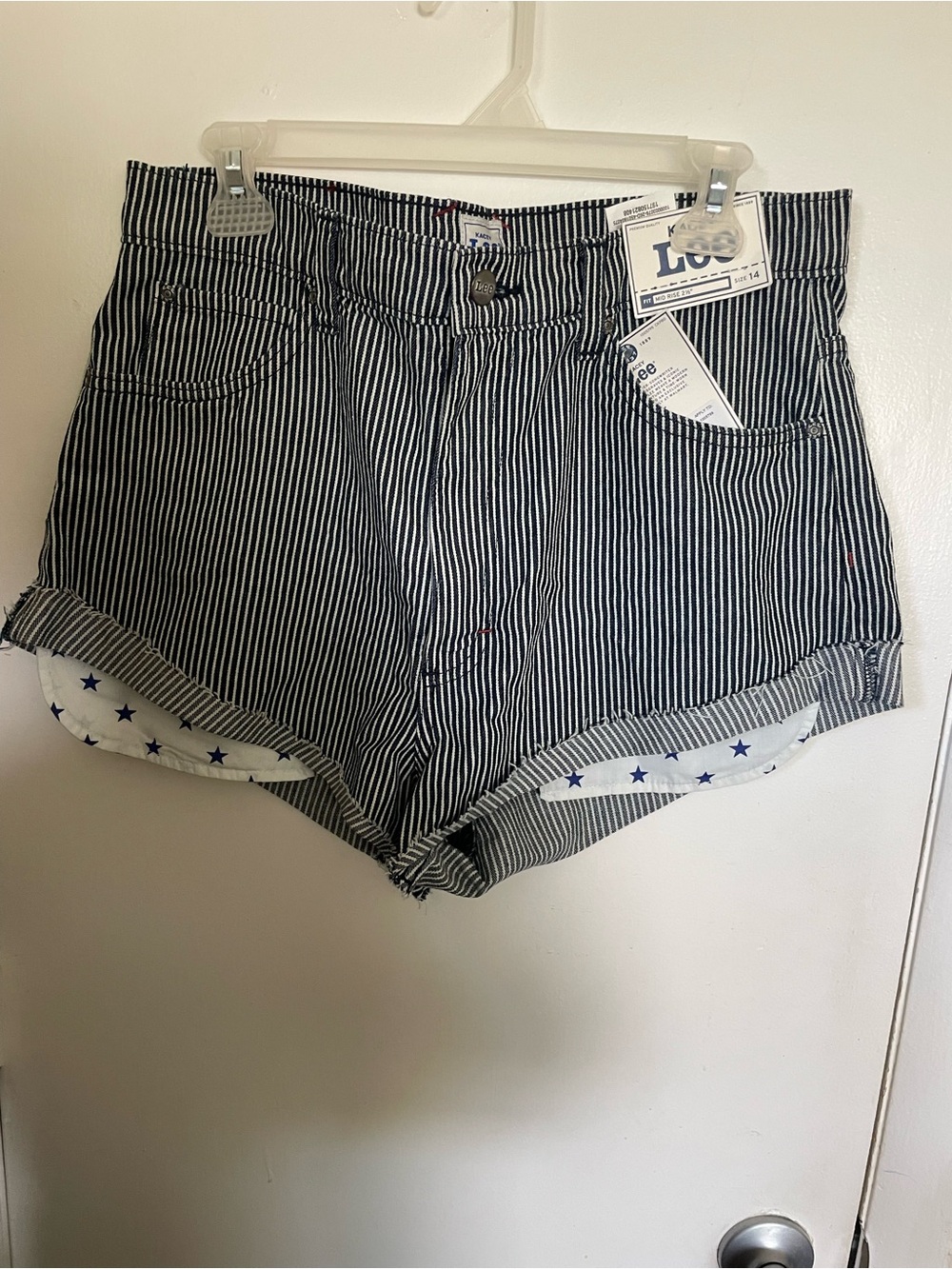 Kacey Lee Women’s Navy and White Pinstripe Denim Shorts with Star Pockets